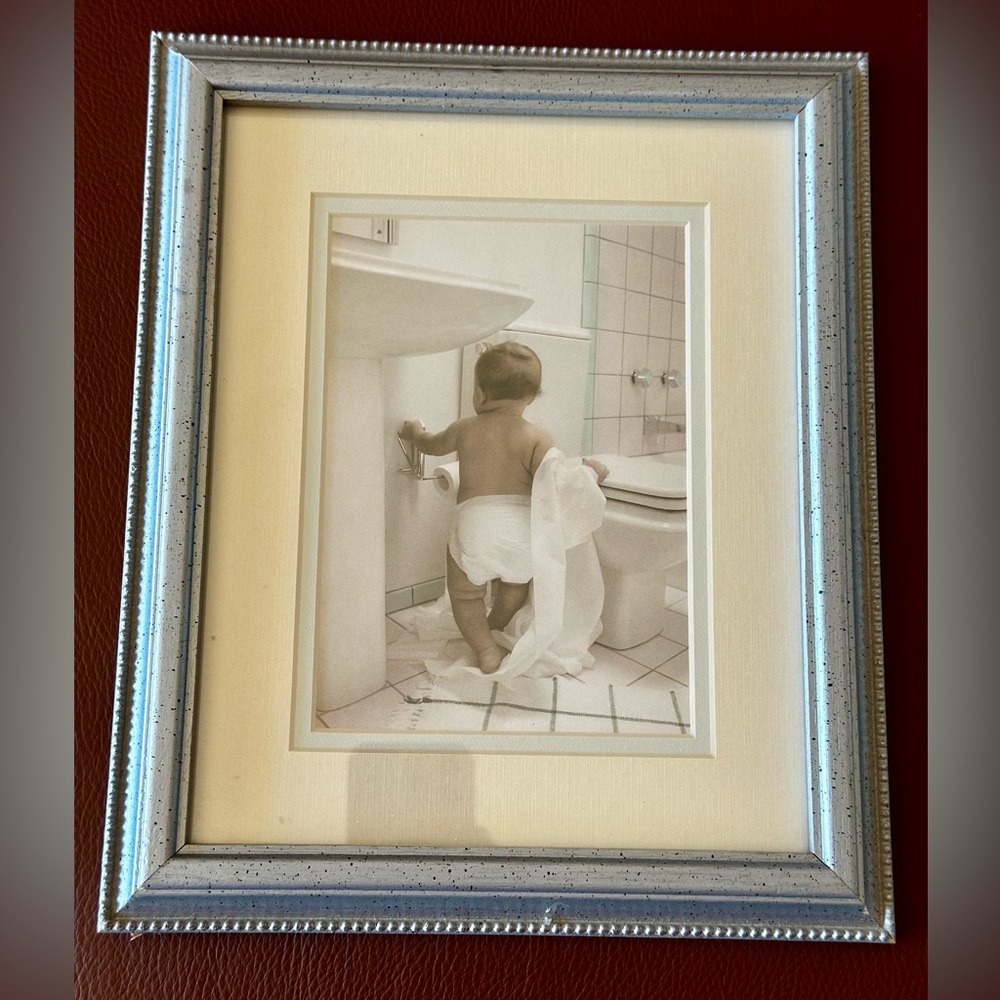 Framed Art Print for Bathroom Cute Baby Toilet Paper Mischief. See photos.